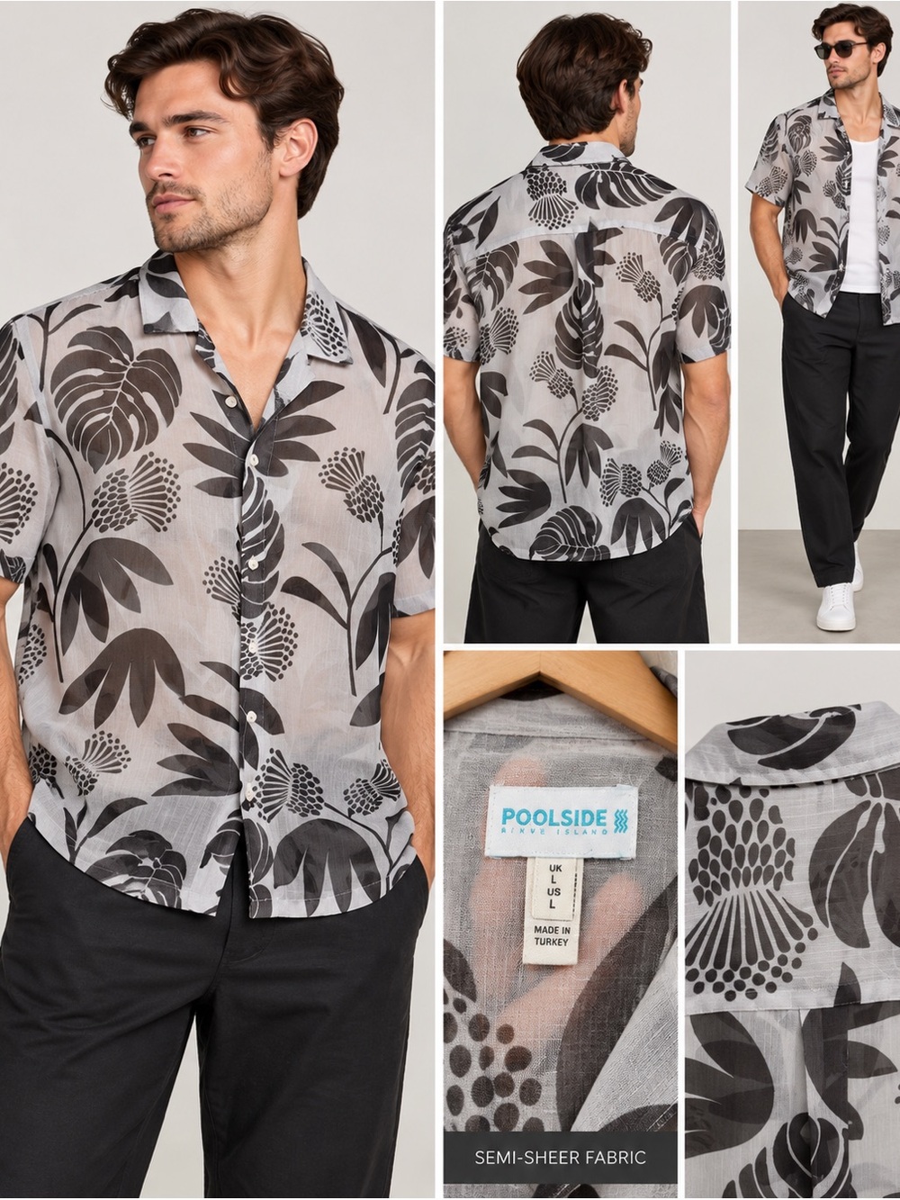 River Island Black White Botanical Print Short Sleeve Shirt Sz L